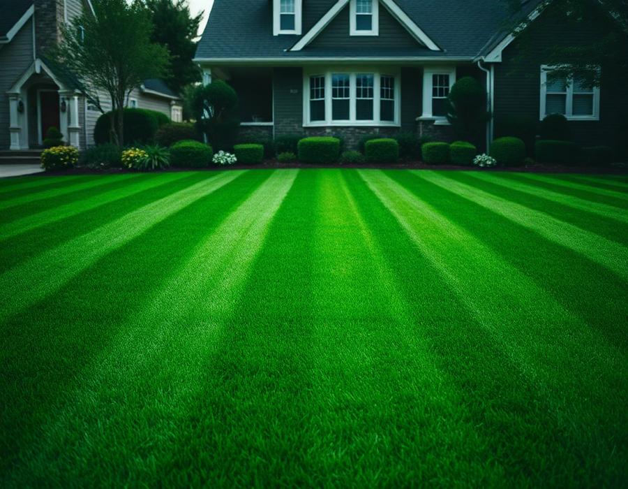 Freshly striped green lawn in front of a home