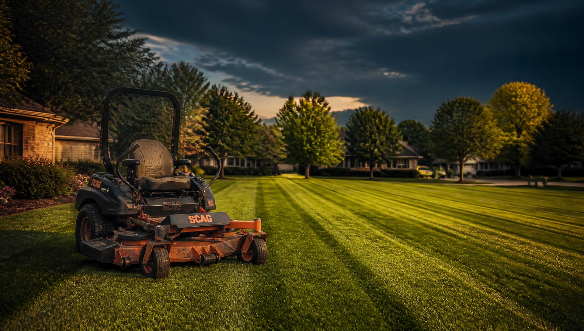 Freshly striped lawn with the Speedy's commercial mower at golden hour
